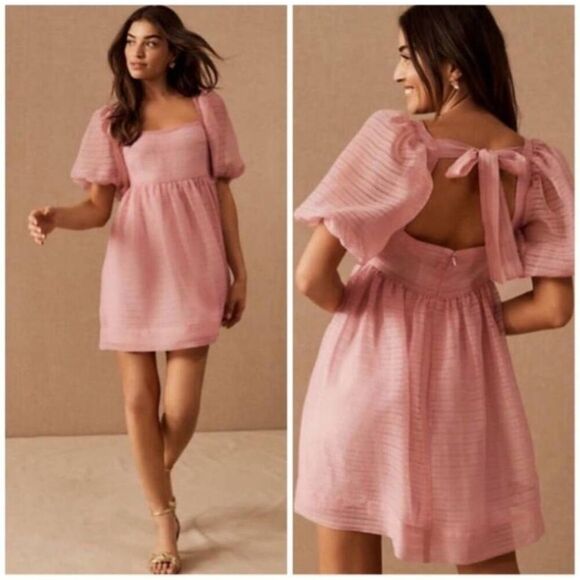 NWT BHLDN x Free People Alaine Babydoll Mini Dress Sz 12 Organza Pink Puff Sleev - Picture 1 of 7